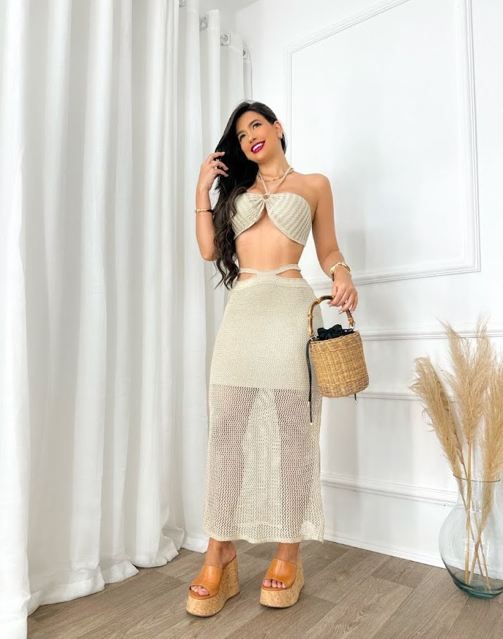 CONJUNTO TRICÔ MODAL TOP E SAIA VERÃO